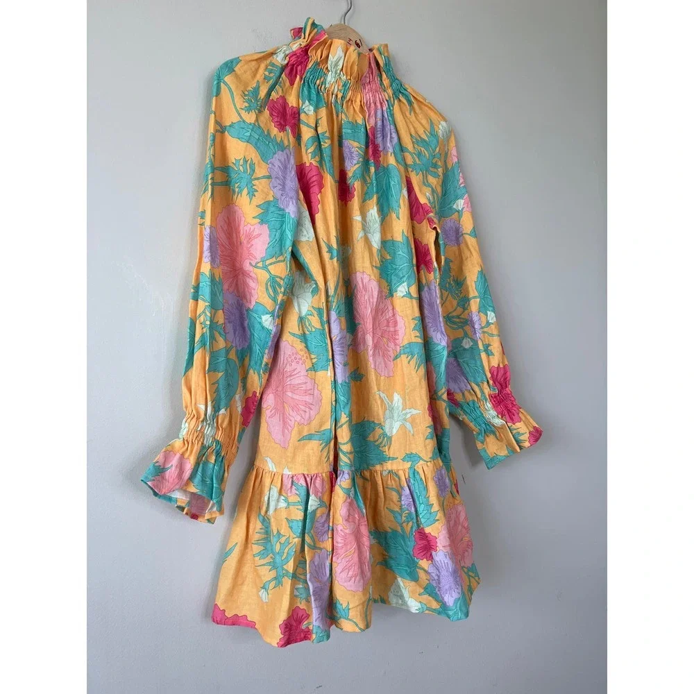 NEW Ephemera Tiered Mock Neck Garland Smock Colorful Floral Yellow Mini Dress - Picture 4 of 9